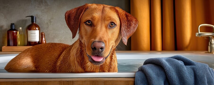Playful Labrador retriever sitting in a muddy bathtub after a fun outdoor play session