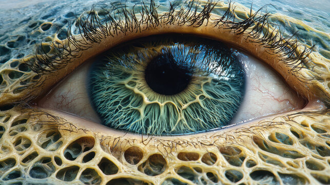 An artistic close up image shows the detailed, colorful eye of a fantastical creature with textured skin patterns around it, creating an otherworldly atmosphere.