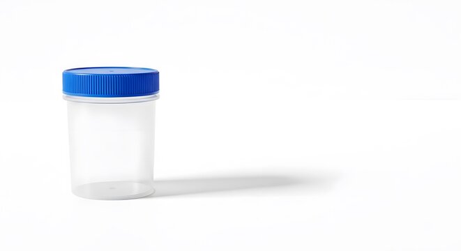 Empty sterile medical specimen cup with a blue screw cap on a white background. Clear plastic container for urine or stool sample collection in clinical laboratory and healthcare settings.
