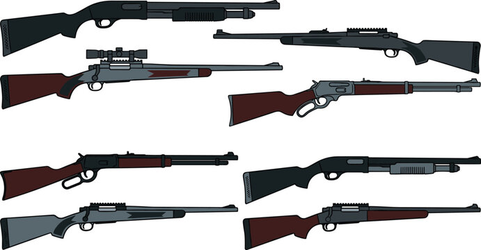 Collection of Hunting Rifles and Shotguns Vector Illustration Set Featuring Classic Firearms with Wooden Stocks Modern Tactical Guns and Detailed Weapon Side Views