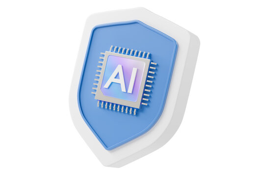 3d AI shield icon. cybersecurity protection concept. minimal cartoon shield microchip processor for AI security software. isolated on white transparent background. 3d render.