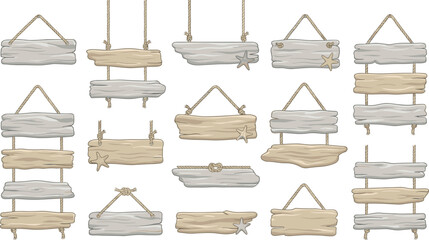 Driftwood Hanging Signboard Vector Collection Featuring Rustic Beach Wooden Signs with Rope Starfish Coastal Decoration Blank Plaques for Summer Design © PUTUL