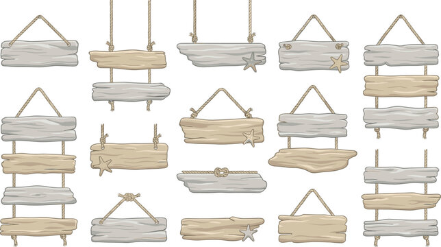 Driftwood Hanging Signboard Vector Collection Featuring Rustic Beach Wooden Signs with Rope Starfish Coastal Decoration Blank Plaques for Summer Design