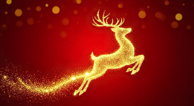 golden reindeer silhouette glowing on festive red sparkle background for holiday celebration