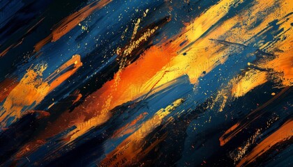 Naklejka premium Vibrant abstract painting with bold strokes in blue, orange, and gold hues creating a dynamic and energetic composition