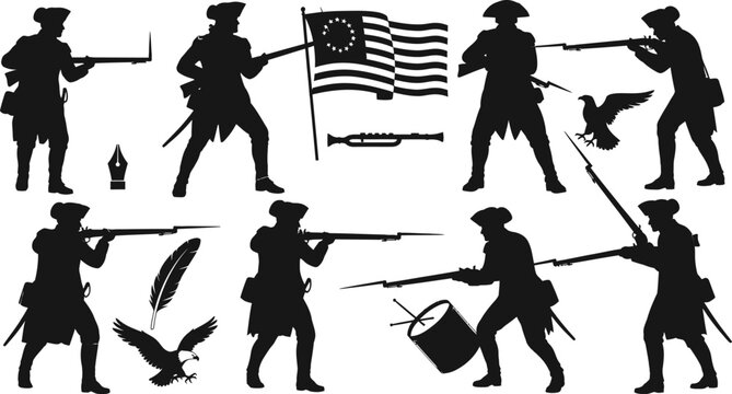 American Revolutionary War soldiers silhouettes with flags and symbols
