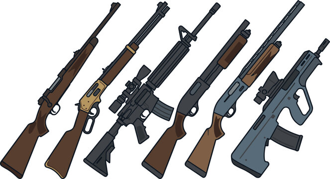 Collection of Modern and Classic Firearms Vector Illustration Featuring Rifles Shotguns Assault Weapons Tactical Guns with Wooden and Metal Details Side View Set