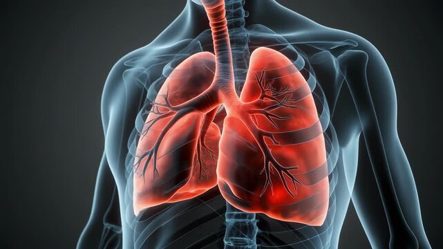 Bronchial airway anatomy close-up with transparent lung layer showing thickened airway walls and narrowed lumen in static state for medical visualization illustrating airway resistance and respiratory