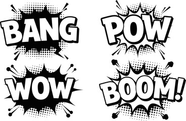 Comic book style speech bubbles with bang pow wow boom text effects © Pixel Verses