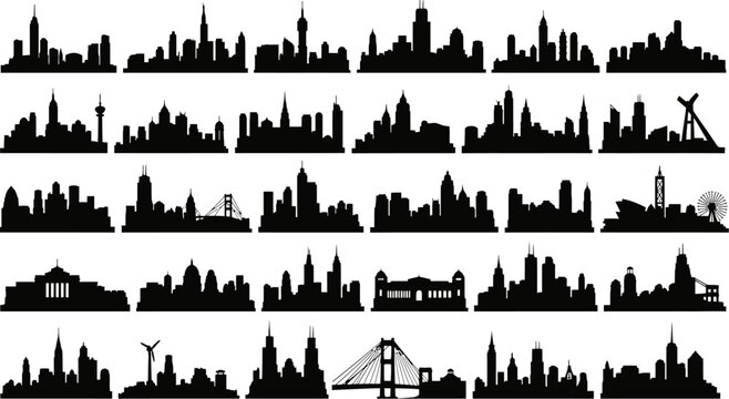 Collection of city skylines and famous landmarks in black silhouette on white background