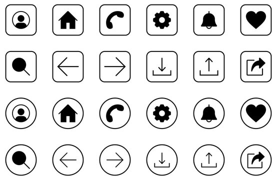 Ui icons set including navigation arrows search download upload share user home settings phone bell heart symbols simple clean icons for mobile app web interface buttons