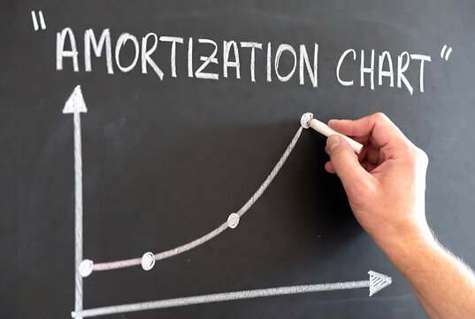 A hand is drawing an amortization chart on a chalkboard. It illustrates the gradual reduction of debt over time.