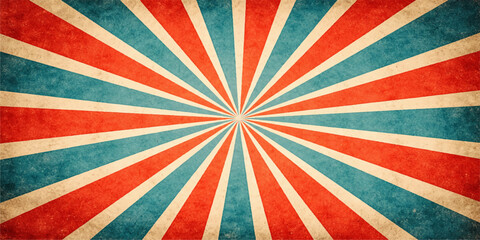 A vintage grunge striped background with colorful retro sunbeam rays and an old paper texture design for a circus sunburst poster illustration © MDNUR