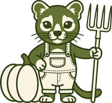 Farmer fossa character with pitchfork and pumpkin