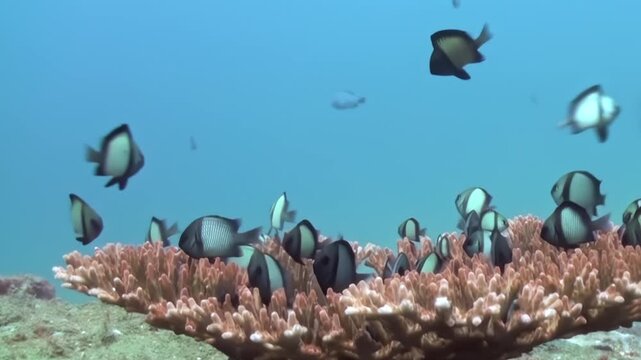 Beneath the ocean waves, a beautiful world unfolds. Striped damselfish swim among the delicate branches of a coral colony, finding refuge and food in the sunlit depths.