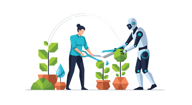 A woman and a white robot use large shears to prune green geometric plants in a collaborative gardening effort in a workspace with bright natural lighting.