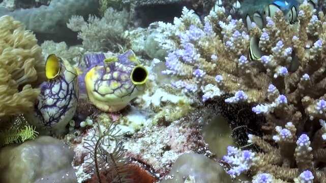 Two patterned blennies rest gracefully among a kaleidoscope of corals and marine life during the day. Their curious eyes peek from a rich underwater garden, revealing the reef's serene beauty.