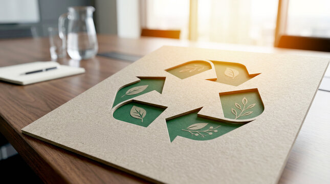Recycled paper with cutout recycling symbol and green leaves on wooden table representing sustainability