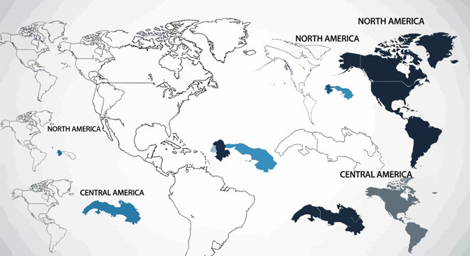 world map with highlighted regions in north and central america and the caribbean