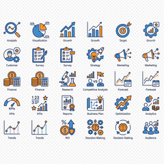 Naklejka premium Collection of business and finance icons in blue and orange colors, including graphs, charts, targets, and other symbols related to statistics, marketing, and growth.