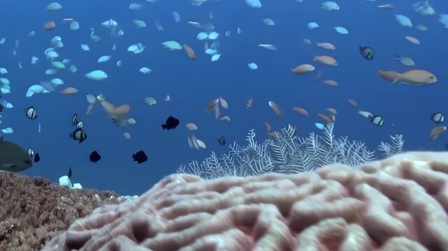 Small, colorful fish gracefully swim through clear blue ocean waters, darting around magnificent brain coral and other diverse reef formations during bright day. Underwater world bursts with life.