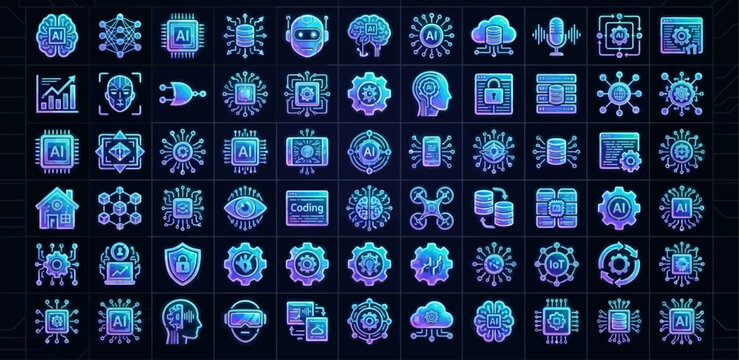 Artificial intelligence and futuristic technology icon set in neon style
