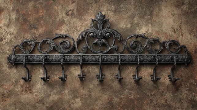 Ornamental wrought iron wall hook rack features intricate scrollwork and filigree detailing.