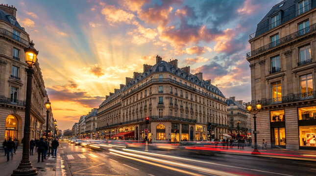 Vibrant Sunset in Paris City Street with Classic Haussmann Architecture and Motion Blur Car Light Trails