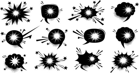 Collection of comic book style explosion and speech bubbles with star effects on white background © Pixel Verses