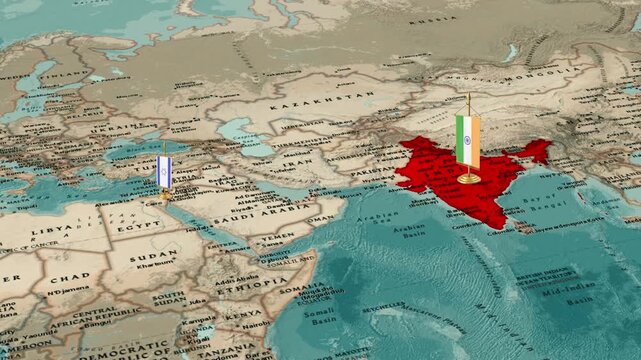 India and Israel Map with Flags Showing Distance and Geographic Location
