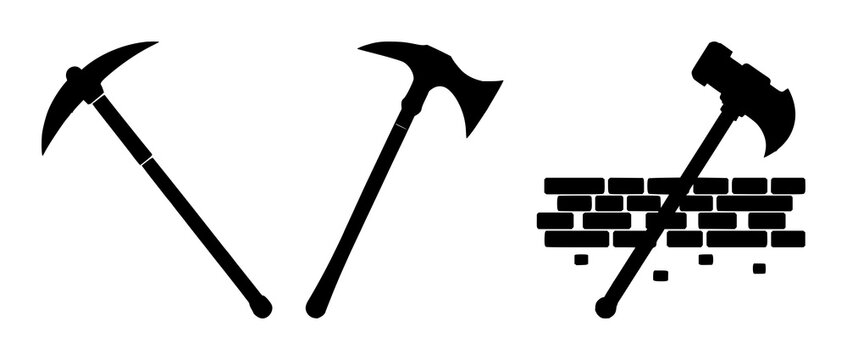 Data mining pickaxe icon set with solid black illustration on white background featuring data mining, technology, binary art with digital and binary code