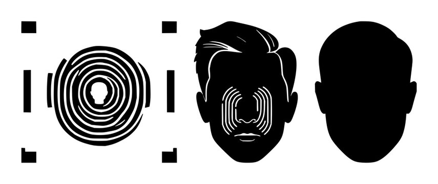 Facial recognition biometrics set with solid black icons on white background featuring biometric, facial recognition, scan with icons and graphics