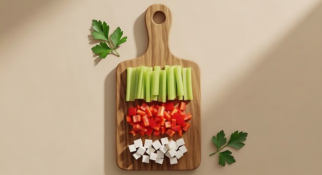 Cutting board with chopped vegetables and cheese cubes