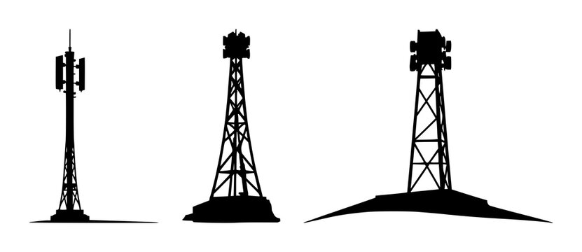 Signal tower set with solid black icon on white background featuring edge computing, signal tower, icon graphic with black and white and vector illustration