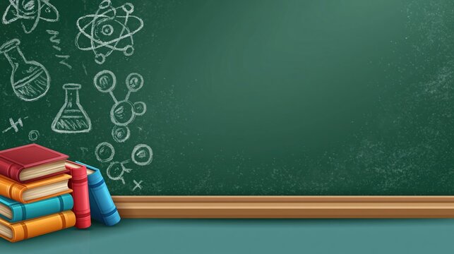 Green chalkboard with science sketches and stacked books in classroom setting