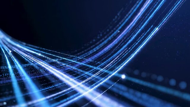 Abstract visualization of glowing blue light trails representing data flow and digital networks against a dark background.