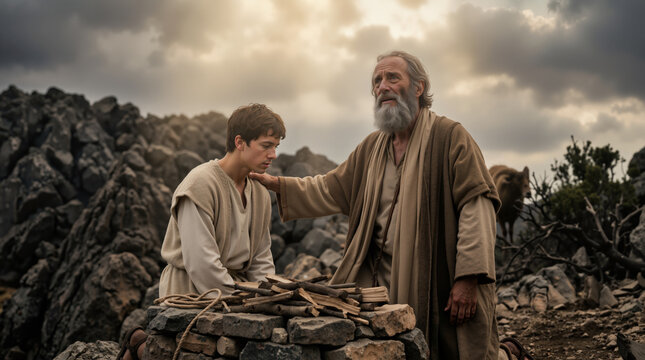 Biblical scene of Abraham and Isaac on a rocky mountain. Elderly father and young son at a stone altar with firewood. Religious concept of faith and sacrifice with a ram in the background