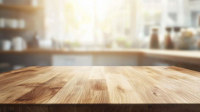 Wooden tabletop surface provides a foreground focus with a blurred kitchen background offe a bright, clean, and modern space for various product displays.