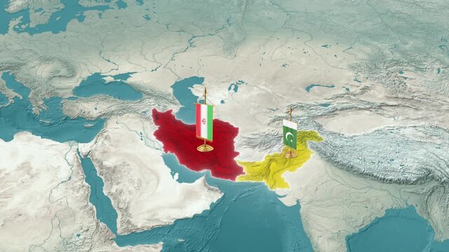 Iran and Pakistan Map with Flags Showing Borders and Geographic Location