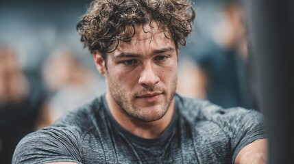 Fototapeta premium A young man with curly hair exercises intensely in a gym. He wears a fitted gray shirt and appears focused and determined.