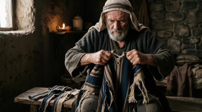 Elderly biblical prophet Ahijah tearing a striped garment into twelve pieces. Senior man with white beard in ancient robes sitting in a dark stone room. Religious history and prophecy concept