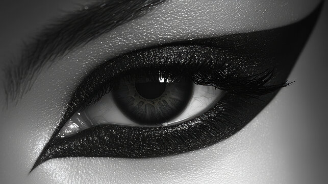 Close up of a woman's eye with dramatic winged eyeliner and long eyelashes in a striking black and white portrait showcasing beauty and makeup artistry.