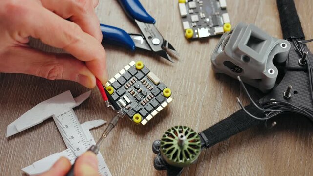 Technician soldering components onto circuit board of disassembled fpv drone