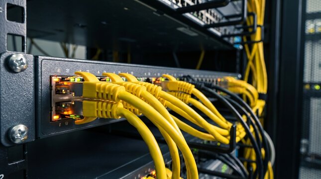 Closeup of network switch with yellow ethernet cables in server room