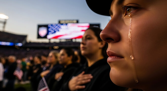 A woman crying during the national anthem at a stadium