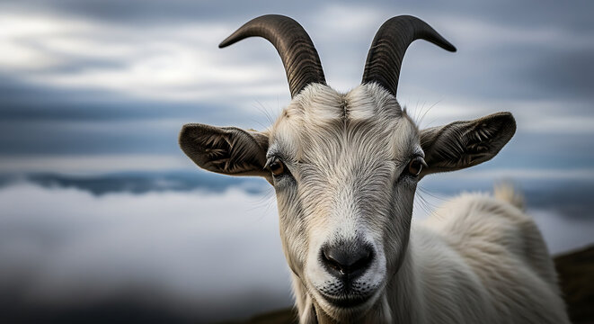 Goat gazing serenely against a cloudy sky