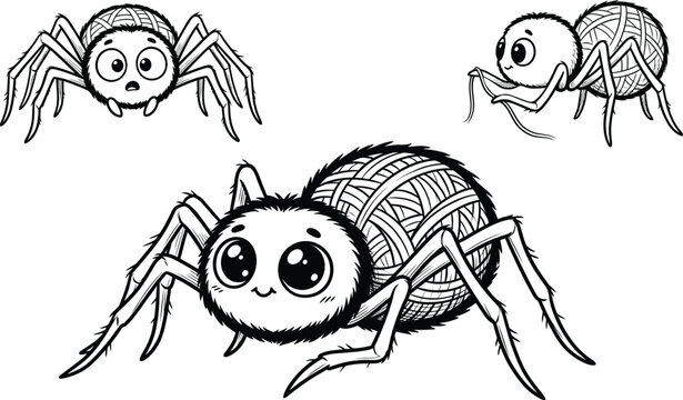 Cute Cartoon Spider Character Set with Big Eyes and Furry Texture Black and White Vector Illustration Collection [Converted] [Converted].eps