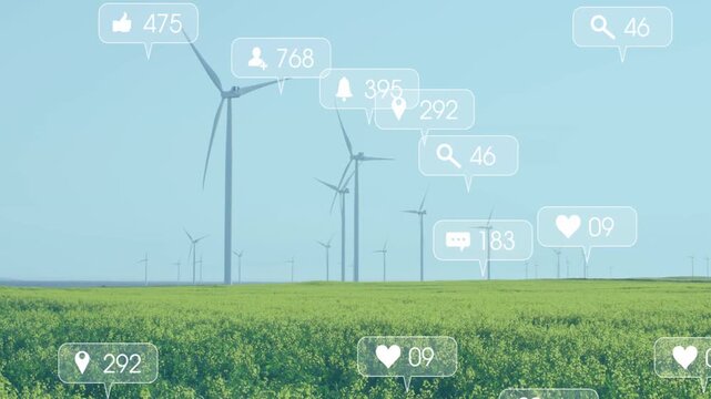 On first frame, social icons appearing over wind turbines and field, clustering to show engagement