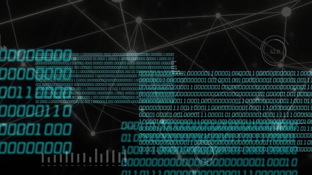 Large teal binary panels sliding from sides, highlighting node web and revealing gauges for data
