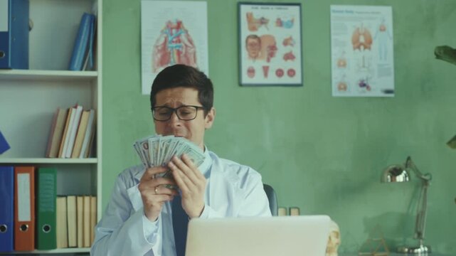 Medical professional counts money silently, Physician handles cash transactions with mixed emotions in clinic office